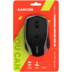 CANYON MW-19, 2.4GHz Wireless Rechargeable Mouse with Pixart sensor, 6keys, Silent switch for right/left keys,Add NTCDPI: 800/1200/1600, Max. usage 50 hours for one time full charged, 300mAh Li-poly battery, Black -Silver, cable length 0.6m, 121*70*39mm, 0.