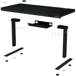 Dual-motor sit/stand adjustable-height gaming desk with wireless charger, RGB lighting, control panel, and USB ports, PB melamine surface tabletop, black.