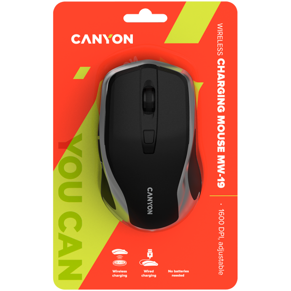 CANYON MW-19, 2.4GHz Wireless Rechargeable Mouse with Pixart sensor, 6keys, Silent switch for right/left keys,Add NTCDPI: 800/1200/1600, Max. usage 50 hours for one time full charged, 300mAh Li-poly battery, Black -Silver, cable length 0.6m, 121*70*39mm, 0.