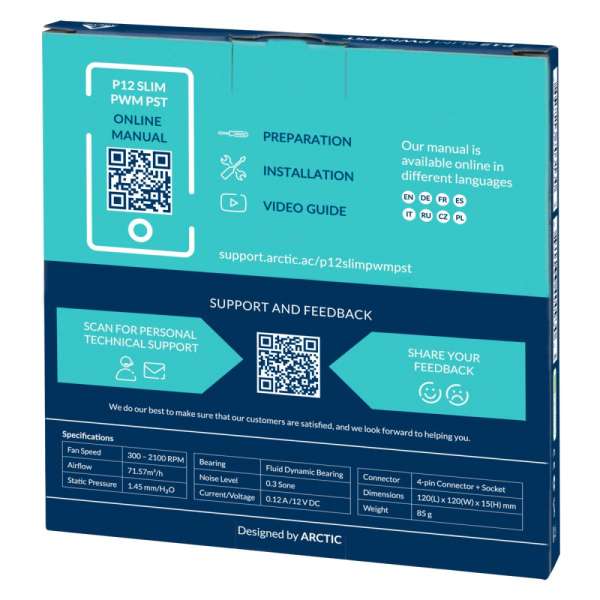 Arctic управляем вентилатор Fan 120x120x15mm - P12 SLIM PWM PST - 300-2100 RPM