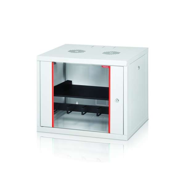 Formrack 19" Wall Mounted rack 12U 555/450mm, removable locking sides, height: 593mm, loading capacity: 100kg., tempered glass door, 19" front rails (back rails optionable)