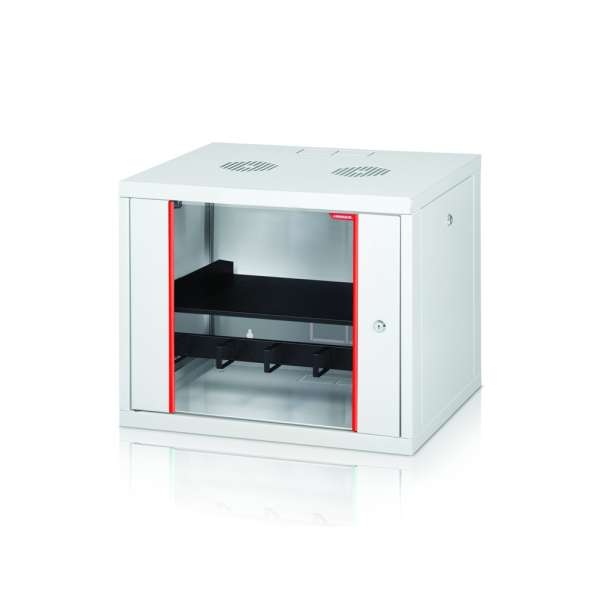 Formrack 19" Wall Mounted rack 7U 555/450mm, removable locking sides, height: 371mm, loading capacity: 100kg., tempered glass door, 19" front rails (back rails optionable)