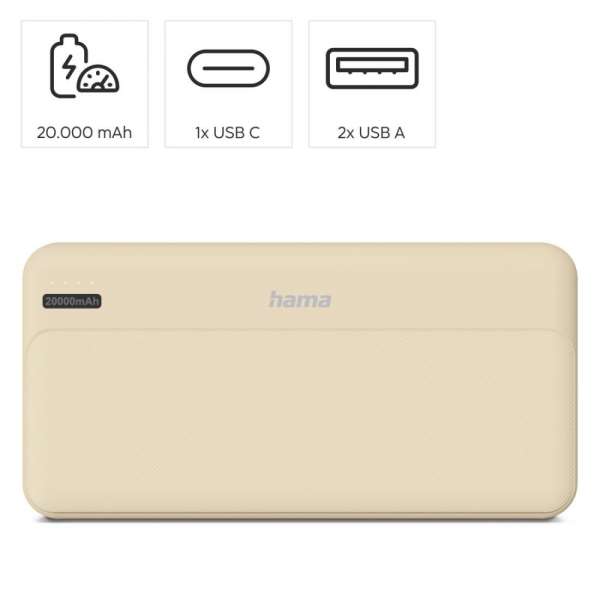 HAMA Външна батерия "Pocket 20", 20000 mAh, Изходи: 2x USB-A, бежов HAMA Външна батерия "Pocket 20", 20000 mAh, Изходи: 2x USB-A, бежов