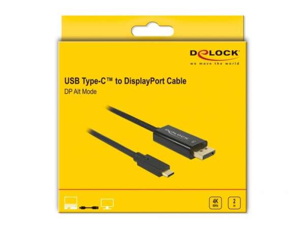 Конвертор Delock, USB-C мъжко - DisplayPort мъжко, 4K 60 Hz, 2 m, Черен Конвертор Delock, USB-C мъжко - DisplayPort мъжко, 4K 60 Hz, 2 m, Черен
