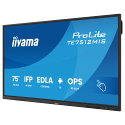 Дисплей IIYAMA TE7512MIS-B4AG, 75" VA panel, Google EDLA, AG, UHD 3840x2160, 400cd/m2, 5000:1, 6.5ms, PureTouch-IR, VGA, 2x HDMI, DP, 2x USB-C, RS232c, 2x LAN, 4x USB, HDMI out, IR, Speakers, Octa Core, 8GB, 128GB, Android 14, iiWare 13E, WiFi-6, BT, OPS slot, VESA, Black