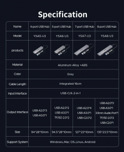 Orico хъб HUB USB-C/A 4 port - USB3.0 x 1, SD/TF x 2, USB2.0 x 2, USB-C x 2, Aluminium - YSA6-U3-GY