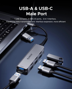 Orico хъб HUB USB-C/A 4 port - USB3.0 x 1, SD/TF x 2, USB2.0 x 2, USB-C x 2, Aluminium - YSA6-U3-GY