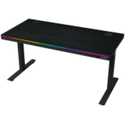 Dual-motor sit/stand adjustable-height gaming desk with wireless charger, RGB lighting, control panel, and USB ports, PB melamine surface tabletop, black.