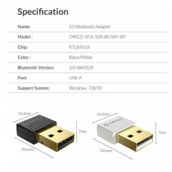 Orico блутут адаптер Bluetooth 5.0 USB adapter, black - BTA-508-BK