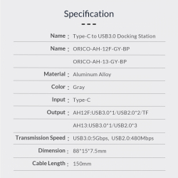 Orico хъб USB3.0/2.0 HUB 4 port - Type-C input - AH-13-GY