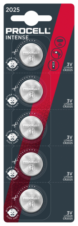 Бутонна батерия DURACELL PROCELL CR2025, 3V, 5 бр. в блистер, Литиева, /цена за 1 батерия/                          