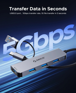 Orico хъб HUB USB-C/A 4 port - USB3.0 x 1, SD/TF x 2, USB2.0 x 2, USB-C x 2, Aluminium - YSA6-U3-GY