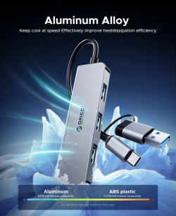 Orico хъб HUB USB-C/A 4 port - USB3.0 x 1, SD/TF x 2, USB2.0 x 2, USB-C x 2, Aluminium - YSA6-U3-GY