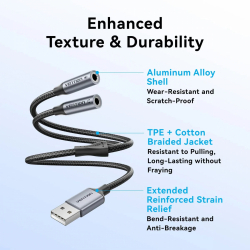 Vention външна звукова карта USB Sound card 2-Port 0.25M Gray - CVHHC