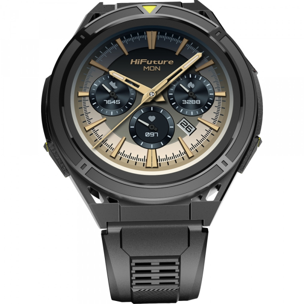 Смартчасовник HiFuture Active Black Yellow, *1.43"  AMOLED, Dual Band GPS +Compass + Altimeter 466*466, Powered by Dual Core & Syntra AI, Bluetooth Call, 5ATM Waterproof, 24/7 True Heart Rate & Blood Oxygen Sensor, Up to 10 days daily use