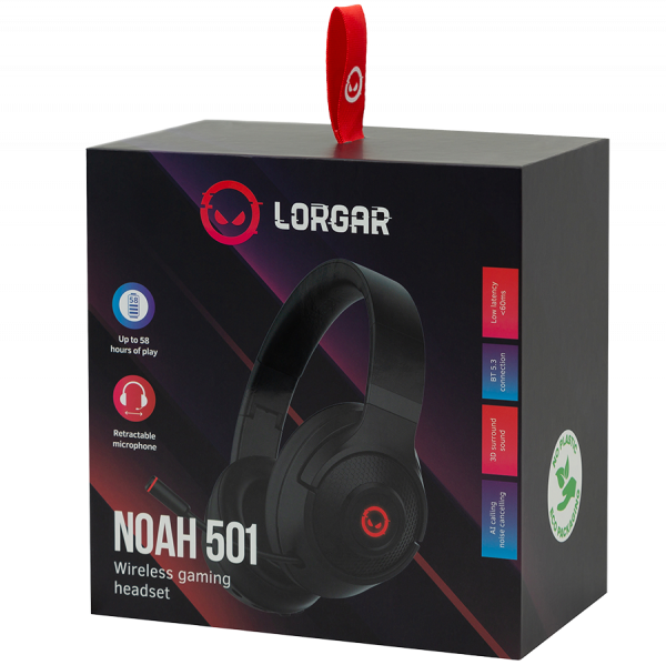 Lorgar Noah 501, gaming bluetooth headset with microphone, BT 5.3 JL7006, battery 1000mAh, type-C charging cable 0.8m, audio cable 1.5m, size:195*185*80mm, 0.28kg. Black